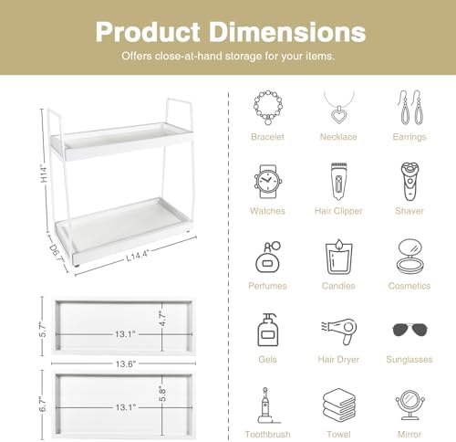 Forbena White 2 Tier Bathroom Organizer Countertop, Small Counter Top Organizer for Bathroom Decor, Modern Kitchen Counter Shelf for Snack, Vanity Makeup Organizers and Storage Tray for Bedroom