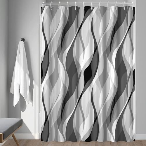 Grey Striped Shower Curtain Extra Wide 108x72 inch 18 Hooks