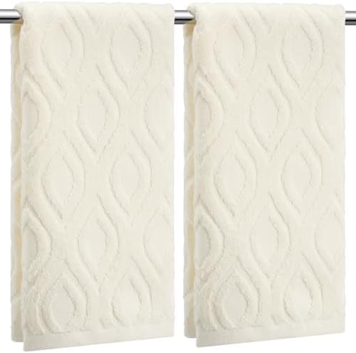 SmoothNovelty 2 Pcs Cream Ivory Geometric Jacquard Hand Towels for Bathroom