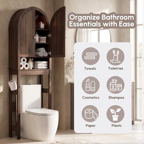 HMstone Over The Toilet Storage Cabinet, Arched Bathroom Organizer and Storage with Doors and Adjustable Shelf, Space-Saving Freestanding Bathroom Modern Storage Cabinet Over Toilet (Walnut)