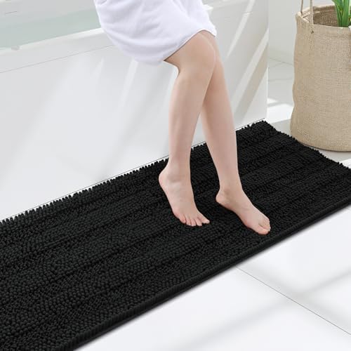Grandaily Chenille Striped Bathroom Rugs 47x17, Extra Thick and Soft Absorbent Bath Mats, Rubber Backing, Plush Shaggy Shower Carpet, Machine Wash Dry, Bath Rug for Bathroom, Deep Black