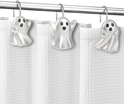 Sunlit Ghost Shower Curtain Hooks, Home Decorative Shower Curtain Rings for Bathroom, Halloween Shower Curtain Hangers Bathroom Accessories, Set of 12, Silver