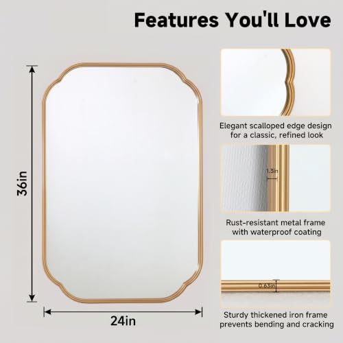 36"x24" Gold Scalloped Mirror for Bathroom, Rust-Proof Metal Frame
