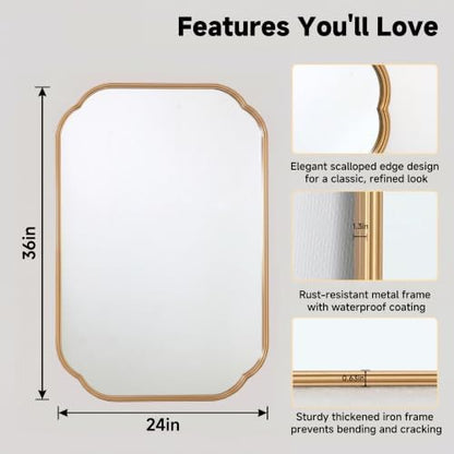 36"x24" Gold Scalloped Mirror for Bathroom, Rust-Proof Metal Frame