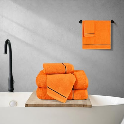 MyOwn Ultra Soft 6 Pack Cotton Towel Set, Contains 2 Bath Towels 28x55 inch, 2 Hand Towels 16x24 inch & 2 Wash Coths 12x12 inch, Ideal Everyday use, Compact & Lightweight - Orange