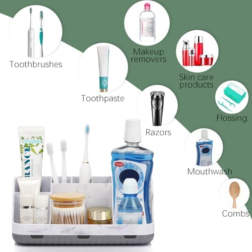 GFWARE Marble Bathroom Countertop Organizer - Detachable 7 Slots Kids Electric Toothbrush and Toothpaste Holde Drainage for Bathroom Accessories Organization Counter Vanity Storage, Grey