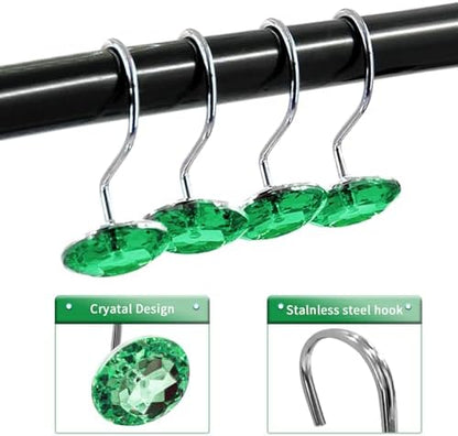 Crystal Diamond Round Shower Curtain Hooks Rings for Bathroom,Green,12PCS