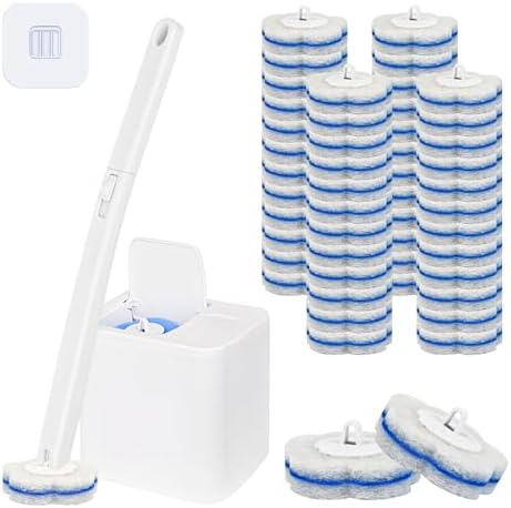 Disposable Toilet Brush System & 48 Scrubbing Refills with Cleaner - All-in-One Toilet Wand Starter Kit, Wall-Mounted Holder, Essential Toilet Cleaning Supplies for Bathroom Deep Clean & Hygiene