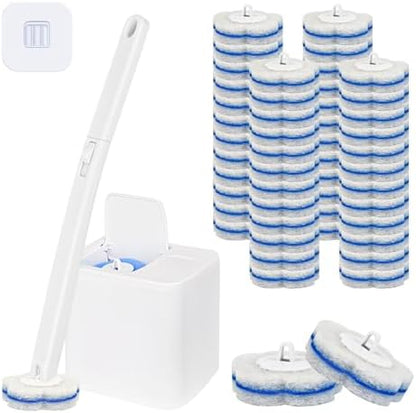 Disposable Toilet Brush System & 48 Scrubbing Refills with Cleaner - All-in-One Toilet Wand Starter Kit, Wall-Mounted Holder, Essential Toilet Cleaning Supplies for Bathroom Deep Clean & Hygiene