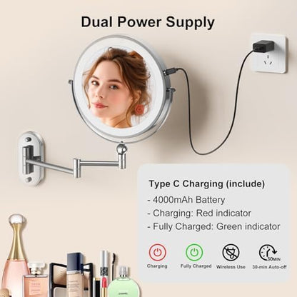 9" Wall Mounted Lighted Makeup Mirror,4000mAh Rechargeable Double Sided 1X/10X Magnifying Mirror with Light,3 Color Lights,Touch Dimmable,Extended Arm 360 Rotation Wall Mounted Makeup Mirror