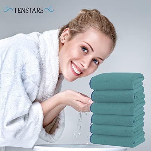 TENSTARS Silk Hemming Hand Towels for Bathroom - Quick Drying - Ultra Soft Microfiber Absorbent Towel for Bath Fitness, Gym, Shower, Hotel, and Spa - 16x28 Inch | Set of 6, Teal