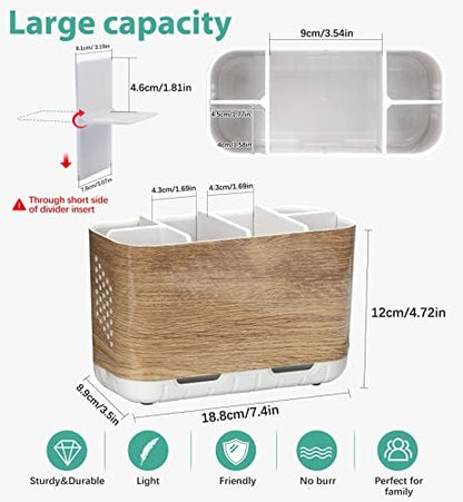 Boperzi Toothbrush and Toothpaste Holder Wood Grain for Bathroom Countertop with Adjustable Dividers, Toothpaste Caddy Organizer Storage Rustic Decor Set Freestanding Anti-Slip for Shower,Family,Kids