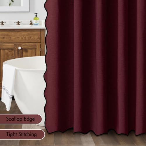MIULEE Burgundy Scalloped Linen Shower Curtain 72x72 Inches