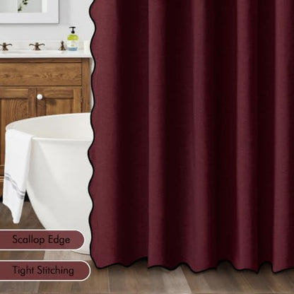 MIULEE Burgundy Scalloped Linen Shower Curtain 72x72 Inches