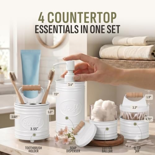 Autumn Alley White Bathroom Accessories Set 4 - Farmhouse Soap Dispenser, Toothbrush Holder, 2 Apothecary Jars Qtip Holder - White Bathroom Decor – Rustic Farmhouse Bathroom Accessories