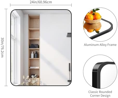 FORBATH Bathroom Mirror for Over Sink 24x30 Inch Black, Rectanglar Wall Mirror with Metal Frame, Rounded Corners for Bathroom, Bedroom, Entryway Decor (Horizontal or Vertical)