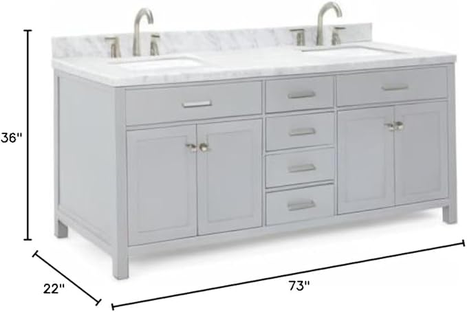 ARIEL Bristol 73" Grey Double Vanity, 1.5" Edge Italian Carrara Marble Countertop & Splash, Rectangular Sinks, 2 Soft Closing Doors, 4 Full Extension Dovetail Drawers, Polished Chrome
