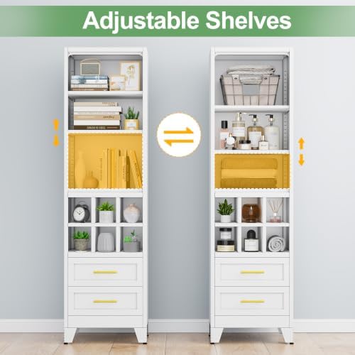 Ckzbx Tall Narrow Storage Cabinet, 66.93" H Tall Bathroom Cabinet Metal Pantry Cabinets with Hollowed-Out, 3 Adjustable Shelves, for Kitchen, Bathroom, Home Office, Living Room (White)