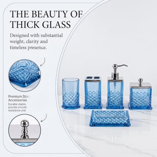 JKE Bathroom Accessories Set, 5-Pack Vintage Thick Glass Soap Dispenser and Toothbrush Holder Set for Bathroom Counter, Blue