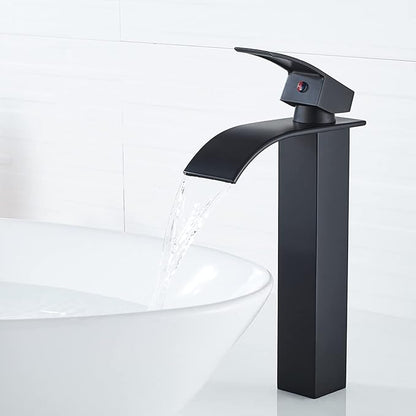 VOTON Vessel Sink Faucet Matte Black Modern Tall Waterfall Bathroom Sink Faucet with Pop-Up Drain Single Handle Bathroom Faucet 1 Hole Bowl Lavatory Vanity Faucet, Rv Sink Camper Farmhouse Faucet