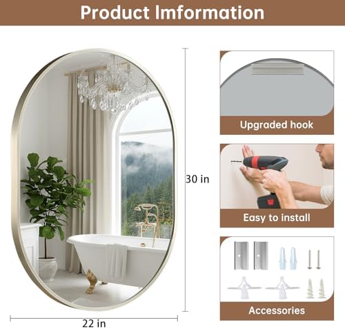 Brushed Nickel Mirror, 22"x30" Oval Bathroom Mirror, Oval Mirror