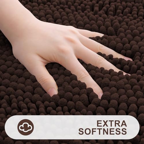 Grandaily Chenille Striped Bathroom Rugs 59x20, Extra Thick and Absorbent Bath Mats, Non-Slip Soft Plush Shaggy Shower Carpet, Machine Wash Dry, Bath Rug for Bathroom, Brown