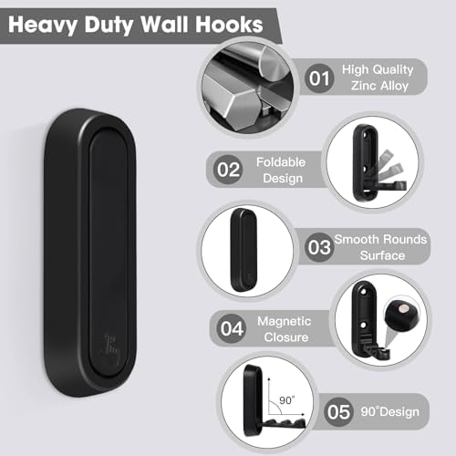 Dntorx Folding Wall Hooks, 6 Pack, Black, Zinc Alloy, Heavy Duty Coat Hooks