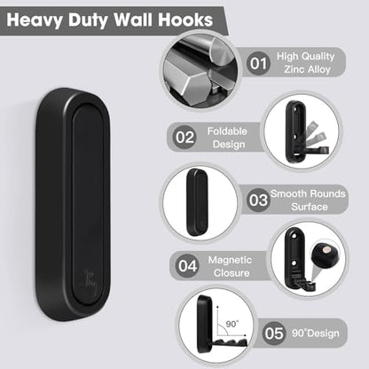 Dntorx Folding Wall Hooks, 2 Pcs Foldable Black Coat Hooks Heavy Duty Foldable Hook Bathroom Towel Hooks Robe Hooks Wall Mounted for Hanging Coat Towels Clothes Hat Bags Keys