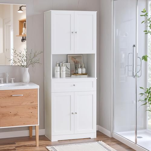 HIFIT Tall Bathroom Storage Cabinet with Drawer, Modern Linen Cabinet,White