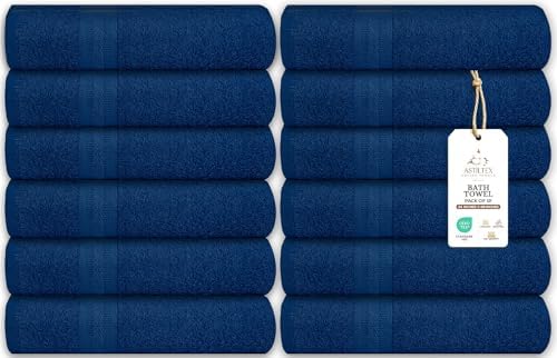 Bath Towels Bulk Set of 12 – 24" x 48" – 100% Cotton Terry, Soft, Quick-Dry & Highly Absorbent – Navy Blue Towels for Bathroom, Spa, Gym, Hotel, Pool & Everyday Use