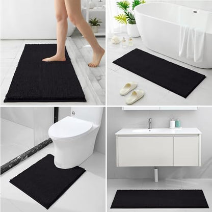 HOMEIDEAS Black Long Chenille Bathroom Rugs Set of 3, Non Slip Bath Mat