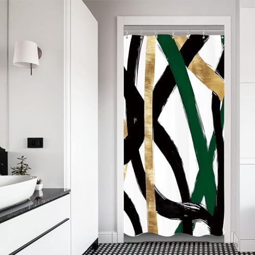 Stall Abstract Sage Green Black Shower Curtain 36Wx72L Inch Half Small Line Minimalist Contemporary Modern Simple Art Bathroom Set Accessories Decor with Plastic Hooks