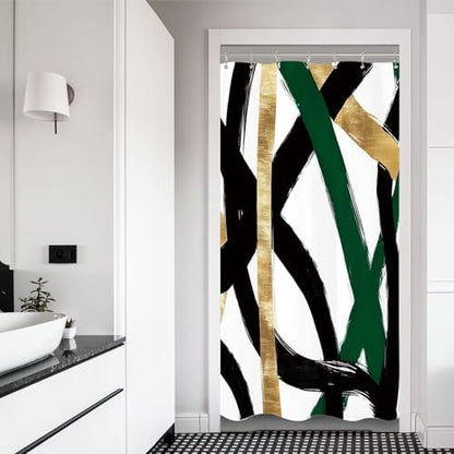 Stall Abstract Sage Green Black Shower Curtain 36Wx72L Inch Half Small Line Minimalist Contemporary Modern Simple Art Bathroom Set Accessories Decor with Plastic Hooks