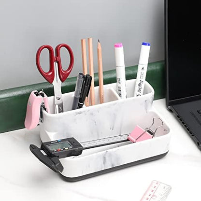 zccz White Marble Design Makeup Organizer - Bathroom Counter Storage for Toothbrushes and Cosmetics - Anti-Slip Cabinet Holder with 4 Compartments - Ideal Vanity Accessory for Organizing Essentials