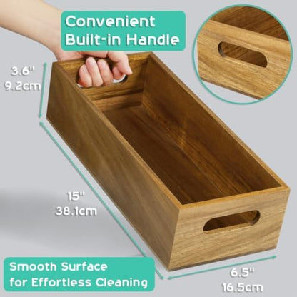ALELION 15 Inch Acacia Wood Bathroom Storage Basket with Handles, Toilet Paper Basket for Back of Toilet Tank Top, Wooden Organizer Tray for Bathroom Countertop, Vanity, Kitchen, Pantry, Laundry Room