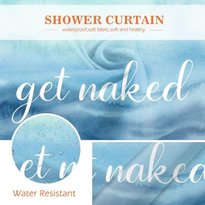 Aimego Get Naked Shower Curtain Gradual Tie Dye Blue Ombre Funny Art Font Theme Shower Curtain Set with 12 Hooks for Bathroom Decor Accessories Bathtub Curtain, 72"x72"