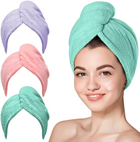 Hicober Microfiber Hair Towel Wrap for Women, Pink Purple Green, 3-Pack