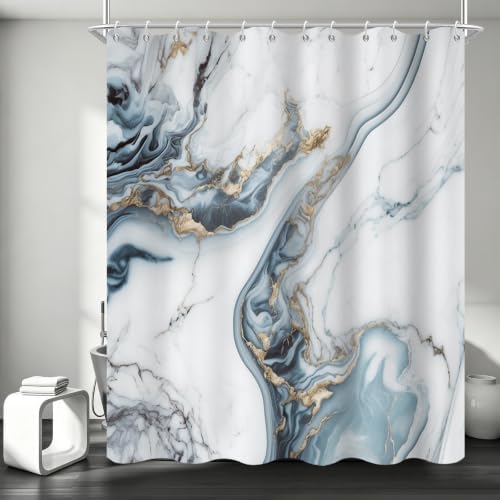 Ocean Blue Marble Shower Curtain Modern Abstract Luxury Gold Ink Texture Gray Ombre Watercolor Bathroom Curtain Set with Hooks Soft and Lightweight Waterproof Fabric Machine Washable 72"Wx84"L