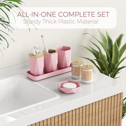 Pink Bathroom Accessories Set - Bathroom Set with Shower Curtain and Rugs, Trash Can, Toilet Brush with Holder, Soap Dispenser, Toothbrush and Toothpaste Holder, Cup, Soap Dish, Qtip Holders