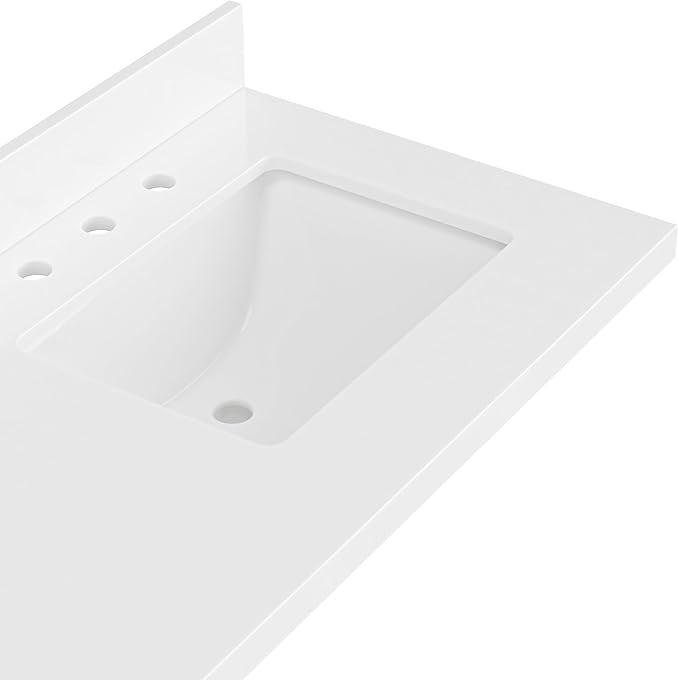 ARIEL 61 inch Bathroom Vanity top with Sink, 1.5 Inch Thick Miter Edge White Quartz top, Rectangle Single Porcelain Sink, Includes Backsplash