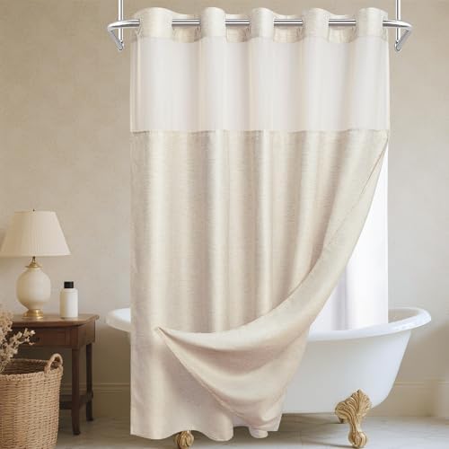 WONICY Linen Texture No Hook Shower Curtain with Liner, Flax White, 71x74