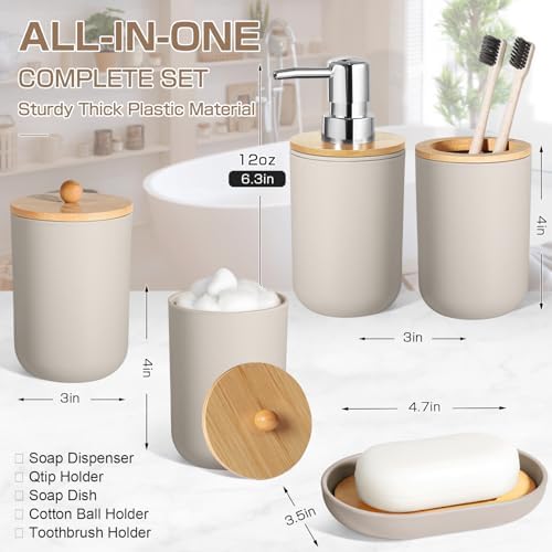 Bathroom Accessories Set 5 Pcs, Plastic Beige Bathroom Decor, Soap Dispenser and Toothbrush Holder Set, Soap Dish, Cotton Swab Jar, Bathroom Set, Boho Bathroom Organizer Accessory