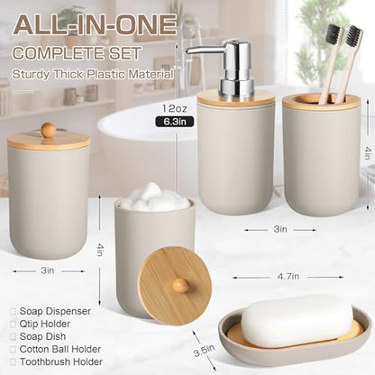 Bathroom Accessories Set 5 Pcs, Plastic Beige Bathroom Decor, Soap Dispenser and Toothbrush Holder Set, Soap Dish, Cotton Swab Jar, Bathroom Set, Boho Bathroom Organizer Accessory