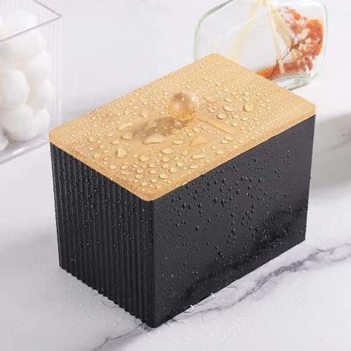 Qtip Holder with Bamboo Lids, 3 Compartments Cotton Ball/Swabs Dispenser, Apothecary Jar Plastic Container for Storage and Organizer (Black)