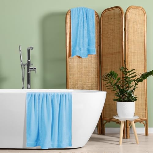 Belizzi Home Cotton 2 Pack Oversized Bath Towel Set 28x55 inches, Large Bath Towels, Ultra Absorbant Compact Quickdry & Lightweight Towel, Ideal for Gym Travel Camp Pool - Sky Blue