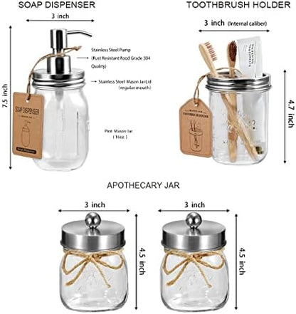 SheeChung Mason Jar Bathroom Accessories Set, Rustic, 6Pcs, Brushed Nickel