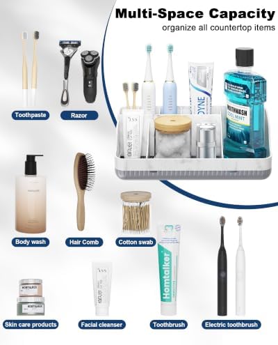 Bathroom Counter Organizer and Storage, 7 Slots Detachable Toothbrush Holders for Bathrooms, Anti-Slip Electric Toothbrush and Toothpaste Holder Countertop