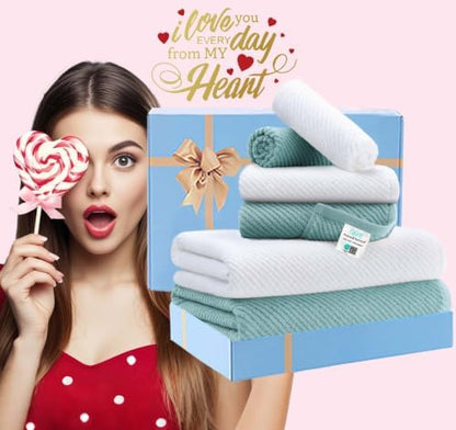 VOOVA & MOVAS 6PC Towel Set, 100% Cotton, Aqua Teal White