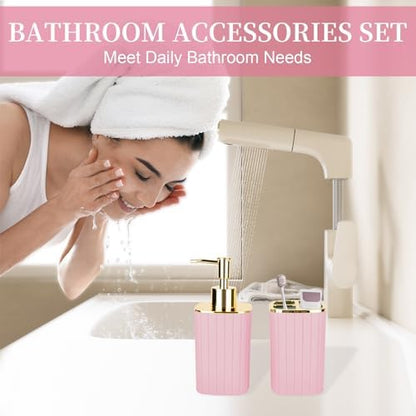 RRM 2PCS Bathroom Accessories Set,Pink Soap Dispenser and Toothbrush Holder