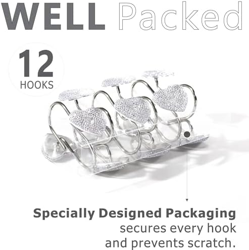 Clear Bling Shower Curtain Hooks: Cute Heart Bathroom Curtain Rings, 12Pcs